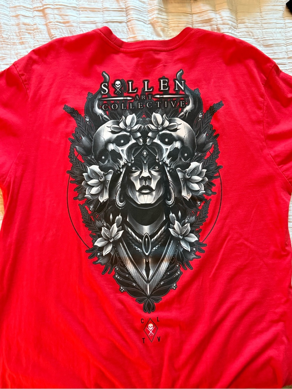 Sullen Art Collective Dryad Hibiscus red t-shirt featuring skull and tattoo art.